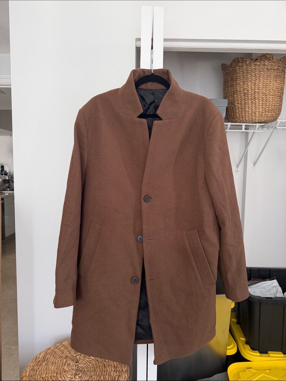 Men's Brown Wool Blend Overcoat - Classic Stand Collar